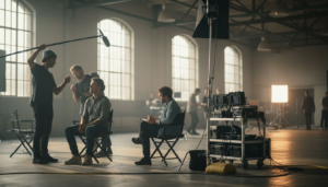 Film crew working in busy Hollywood studio