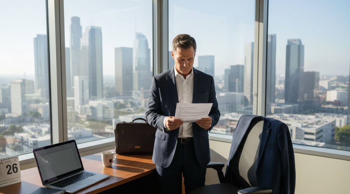 Executive reading misconduct report in downtown LA office