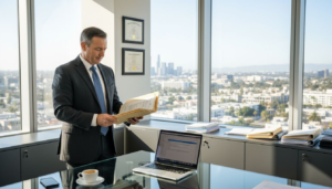 Attorney reviewing workplace defamation files