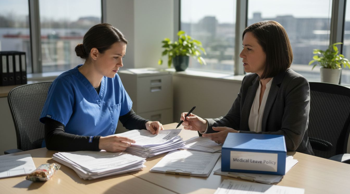 Nurse and HR manager discuss leave paperwork