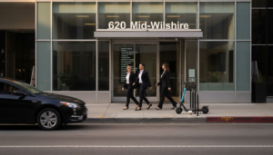 Employees approach Mid-Wilshire office building