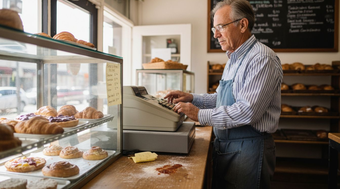 Bakery owner at counter in Fairfax District
