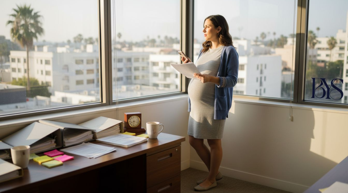 Pregnant employee holding HR paperwork in office
