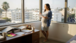 Pregnant employee holding HR paperwork in office