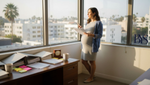 Pregnant employee holding HR paperwork in office
