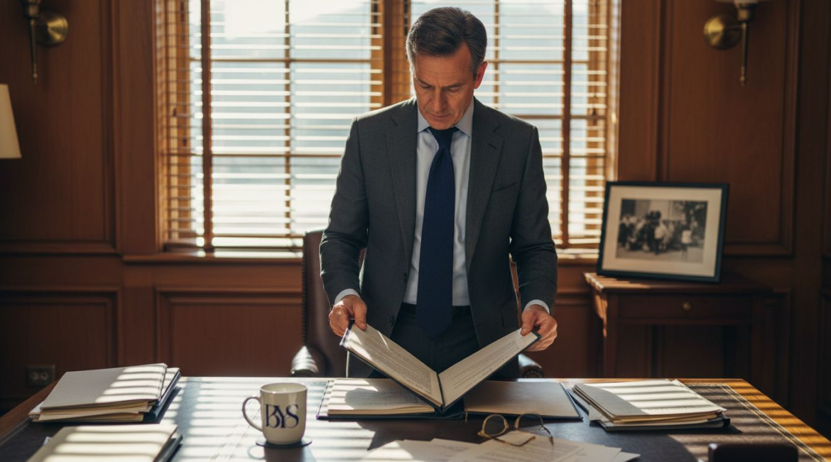 Hollywood executive in cluttered office reviewing folder