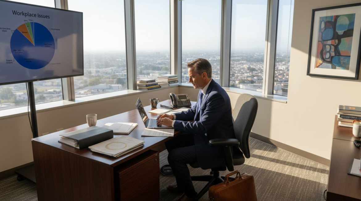 Executive documenting workplace retaliation in office