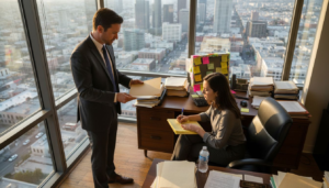 Attorney and client meeting in Downtown LA office