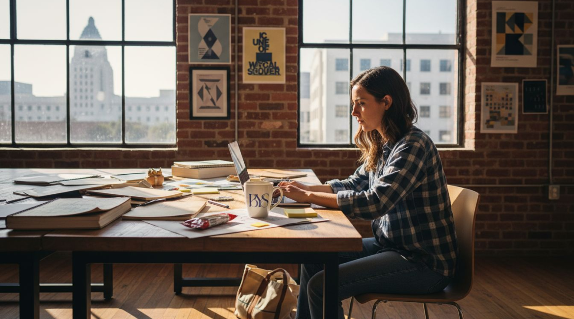 Designer in Culver City workspace reviewing edits