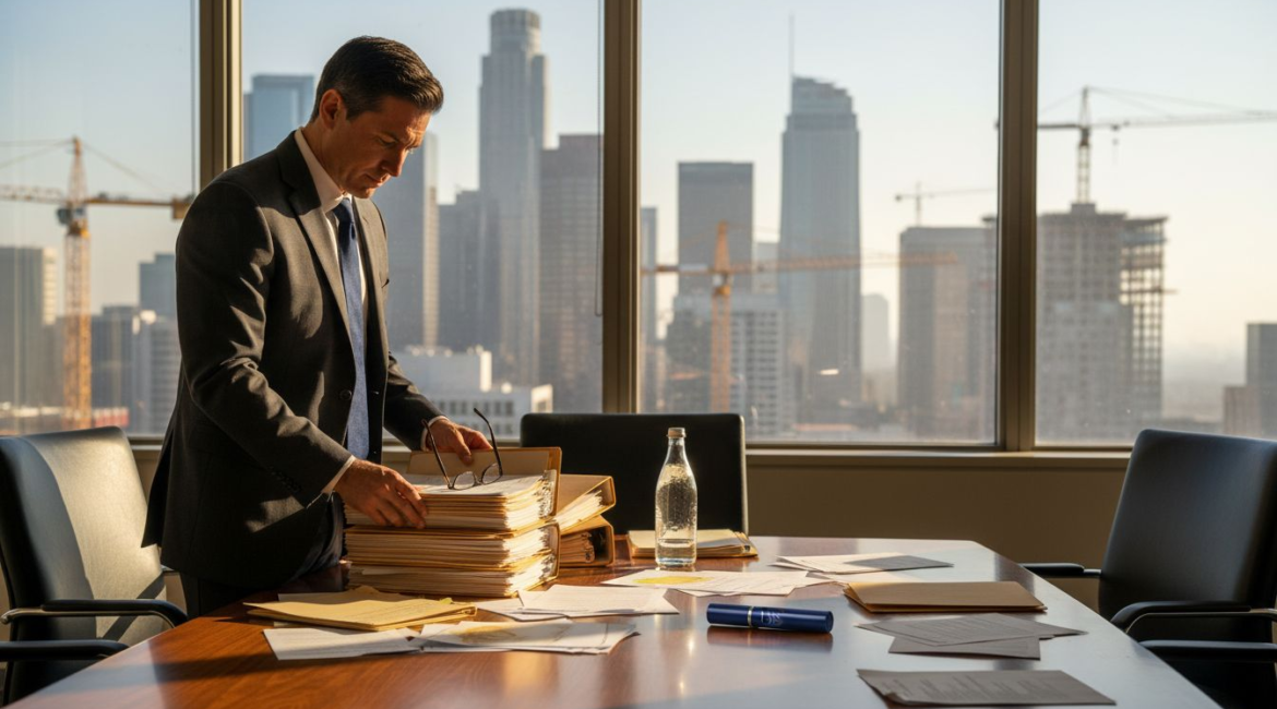 Attorney reviews case files in downtown LA office