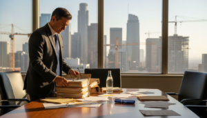 Attorney reviews case files in downtown LA office
