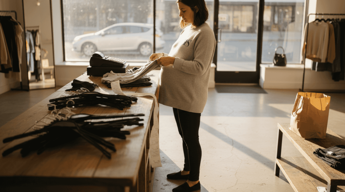 Pregnant retail worker folding shirts Beverly Grove