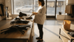 Pregnant retail worker folding shirts Beverly Grove