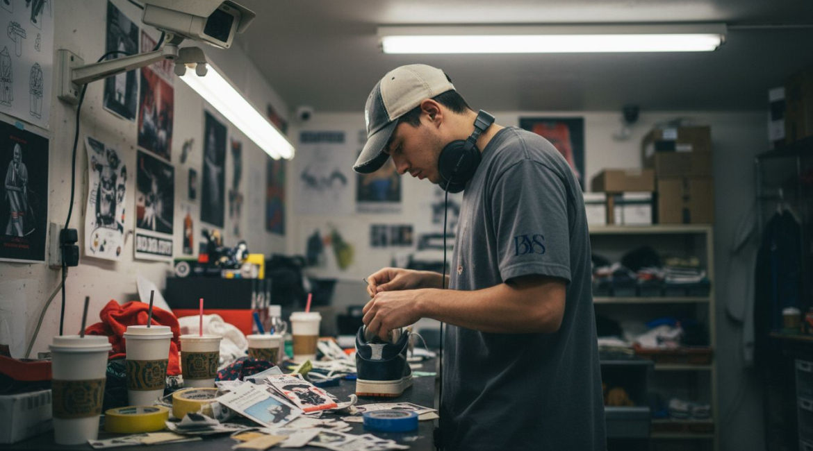 Designer working in tense streetwear back room