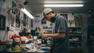 Designer working in tense streetwear back room