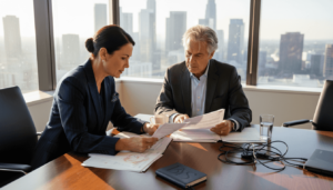 Executives reviewing documents in Century City office