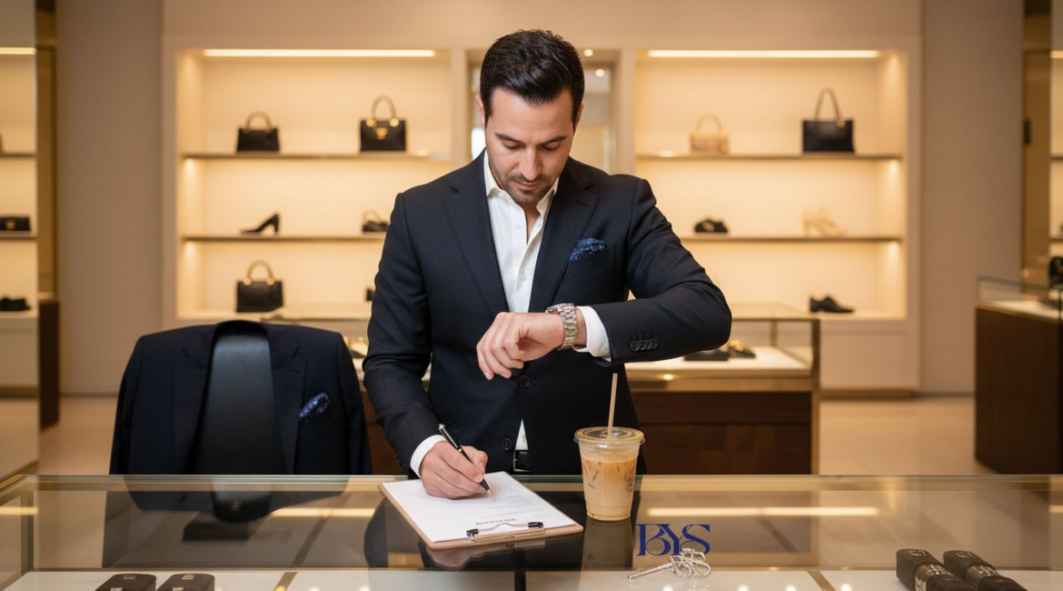 Retail worker behind luxury boutique counter checking time