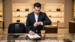 Retail worker behind luxury boutique counter checking time