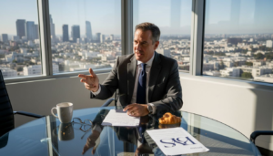 Hollywood studio executive in bright office meeting