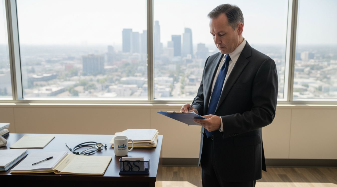Healthcare professional reviewing documents in UCLA office