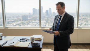 Healthcare professional reviewing documents in UCLA office