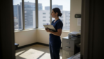 Nurse in Mid-Wilshire healthcare office with clipboard