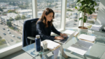 Female executive at glass desk in corner office