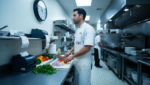 Line cook working in busy kitchen environment