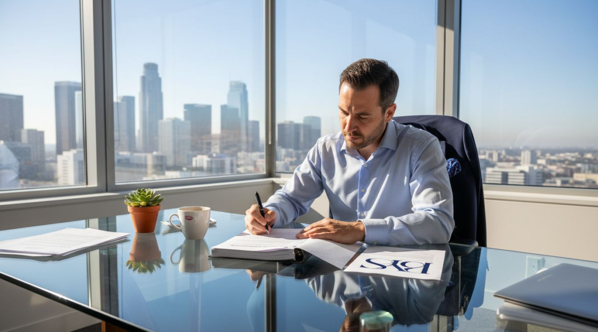 Lawyer reviewing contract in Century City office