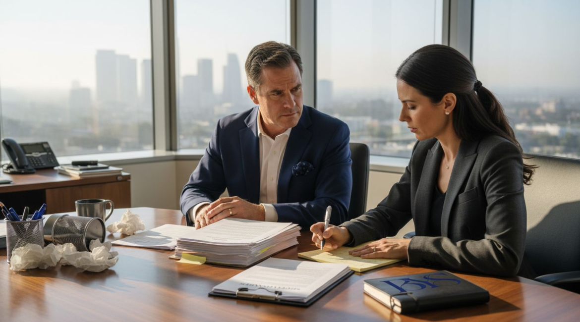 Executive and attorney negotiate in corner office