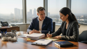 Executive and attorney negotiate in corner office