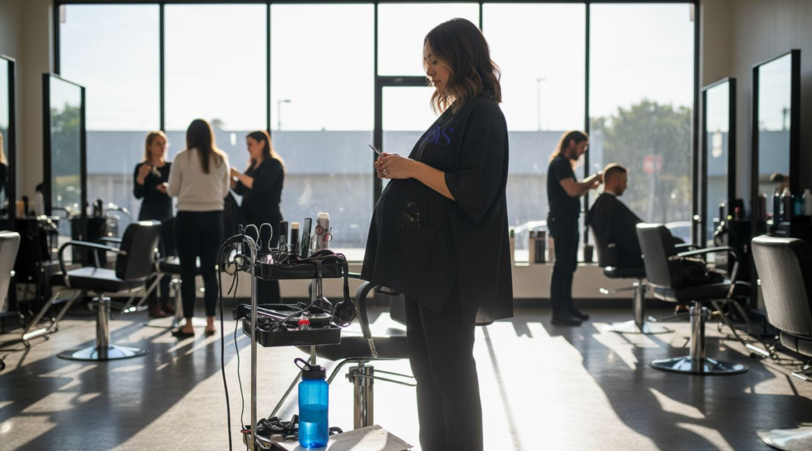 Pregnant hairstylist organizing tools in a busy salon