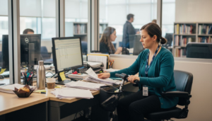 University staff using mobility scooter at desk