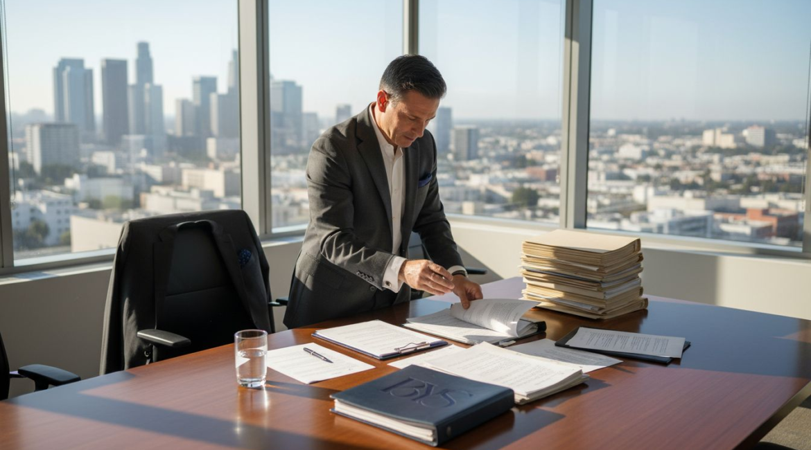 Attorney reviews wage case in bright office