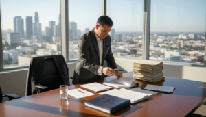 Attorney reviews wage case in bright office