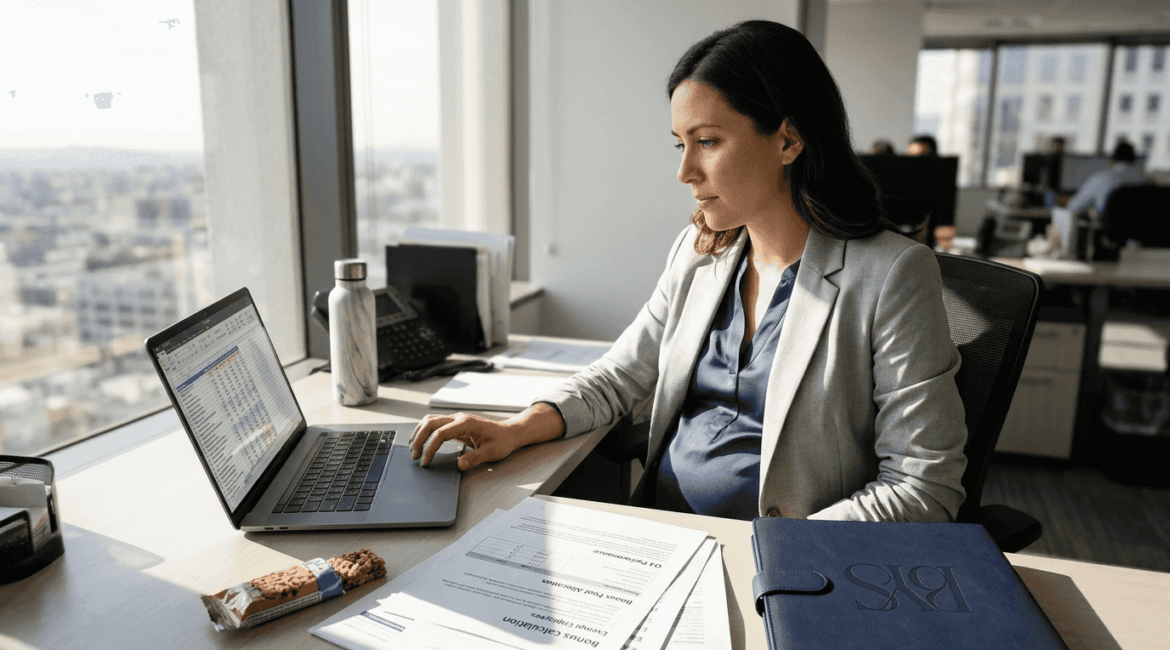 Pregnant finance worker at cluttered office desk