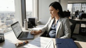 Pregnant finance worker at cluttered office desk