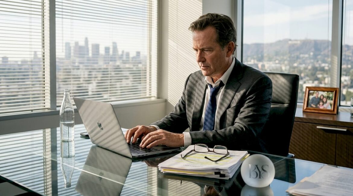 Executive reviews contract in corner office