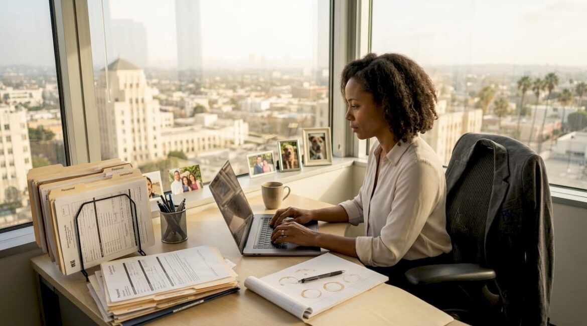 Woman reviewing files in Mid-Wilshire office