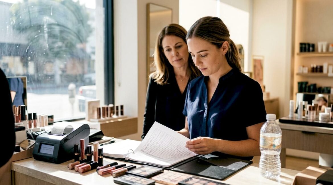 Cosmetics worker and manager review timesheet at counter