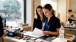 Cosmetics worker and manager review timesheet at counter