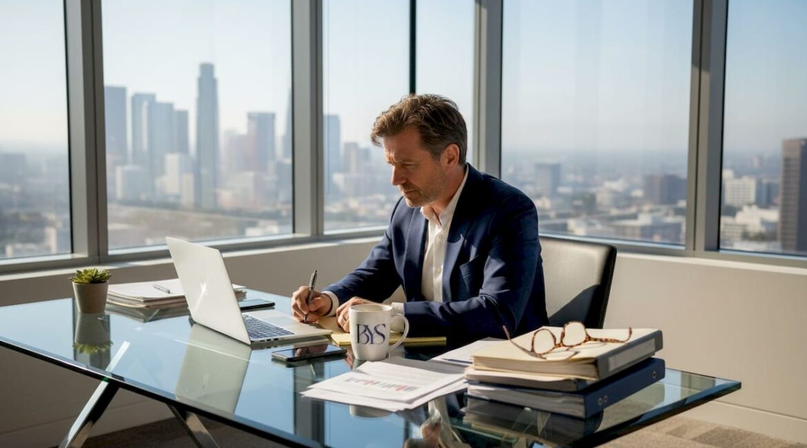 Executive working in sunlit corner office