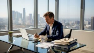 Executive working in sunlit corner office
