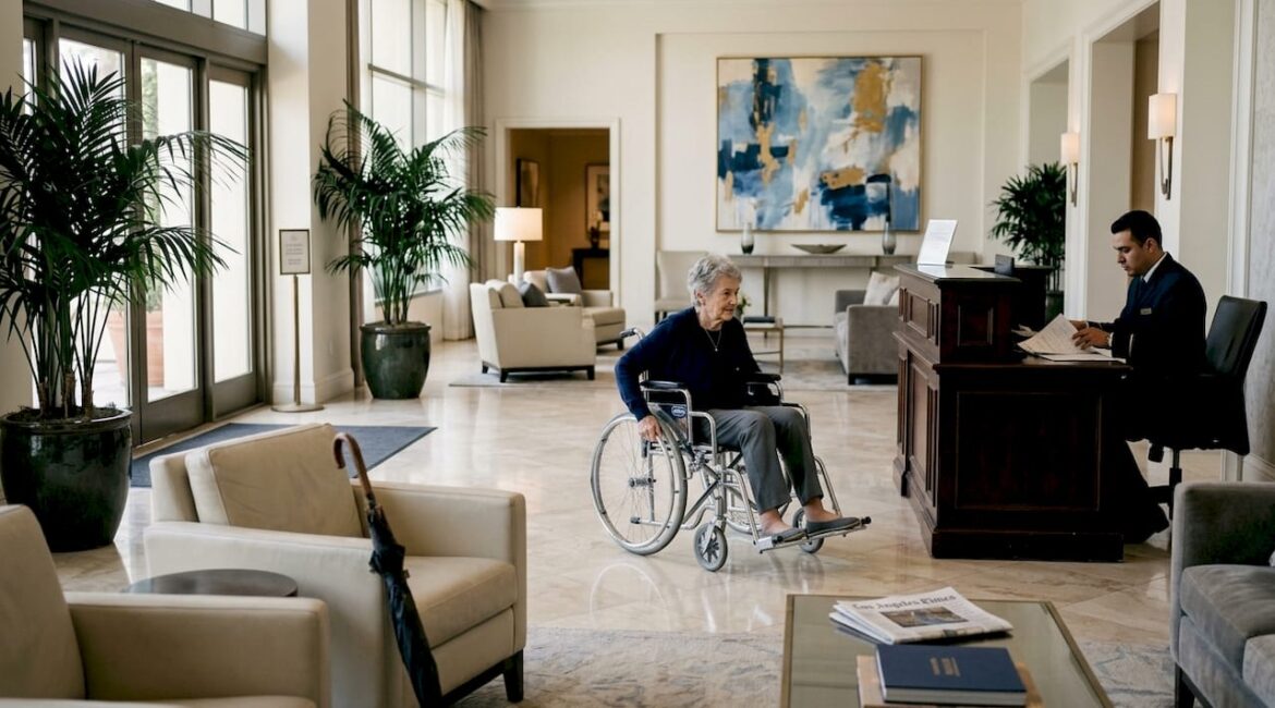 Guest in wheelchair in luxury hotel lobby