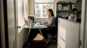 Female agent working at Hollywood office desk