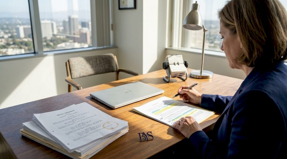 Lawyer reviewing Hollywood legal contract at desk