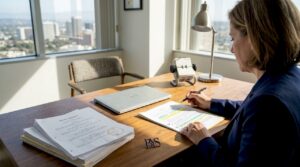 Lawyer reviewing Hollywood legal contract at desk