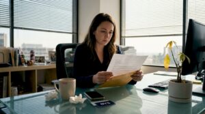 Media employee reading termination letter in corner office