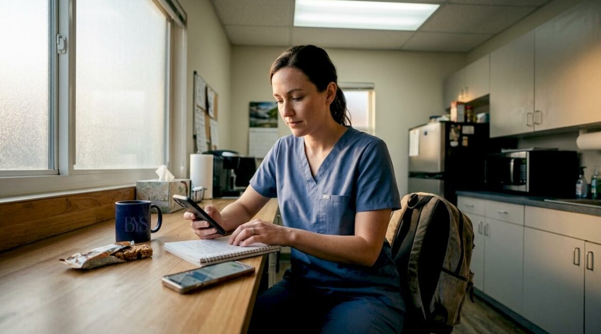 Clinic worker making notes in staff break room