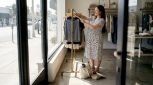 Pregnant worker organizing Larchmont Village boutique